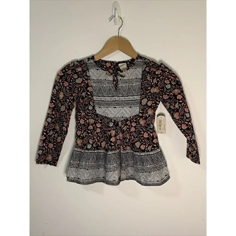 Arizona Jean Co Ruffled Top Black Floral Print Long Sleeve Large 6